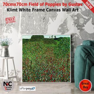 70cmx70cm Field of Poppies by Gustav Klimt White Frame Canvas Wall Art