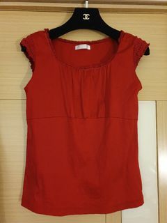 日牌 日本製 紅色 棉質 小蕾絲包袖 氣質上衣