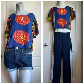 【Bjs啵古着】1980年代夏威夷民族風幾何圖案炫彩嫘縈（人造絲）短袖t恤（25032766）瘦子男生要穿也可以