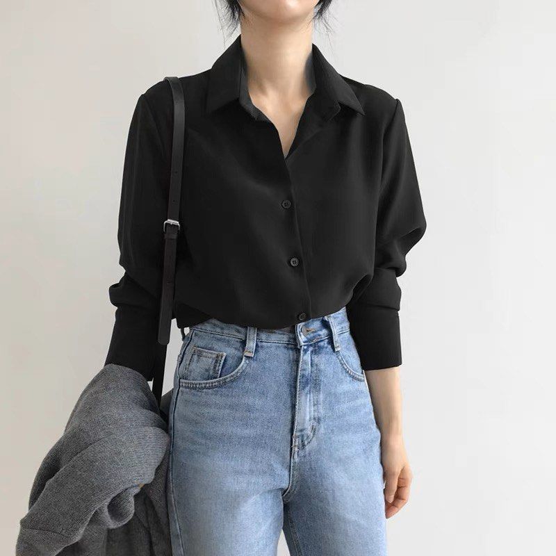 womens black button down