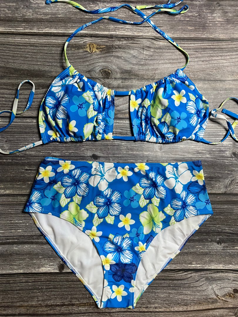 Blue Floral Shein Curve Plus Size Highwaist Bikini on Carousell