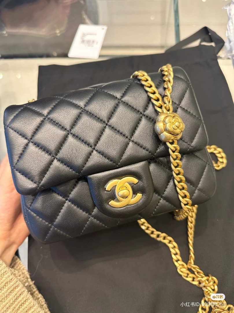 BNIB Chanel 23S Mini Square Flap Bag Adjustable Camellia Black GHW ...