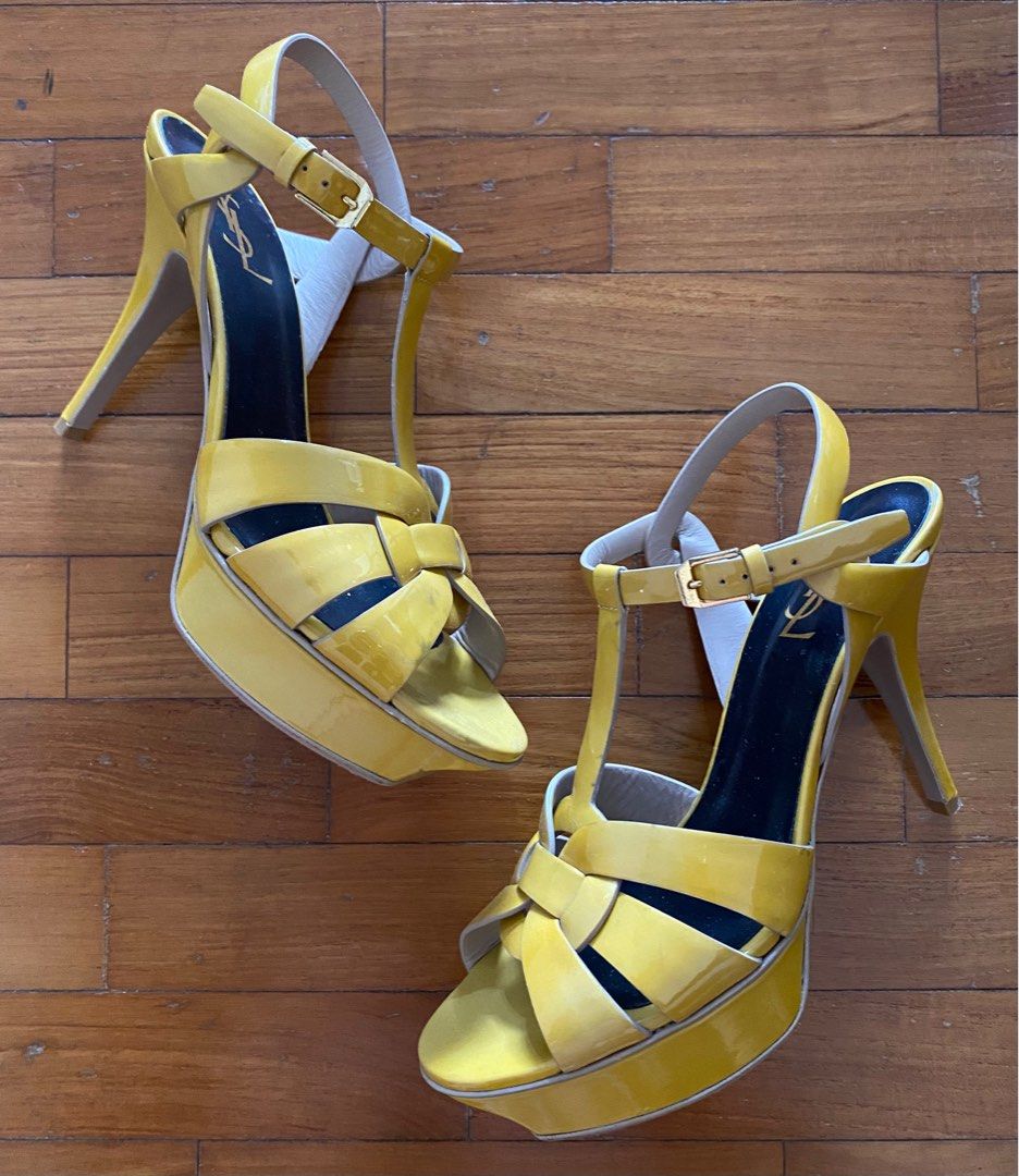 BNIB Authentic YSL Saint Laurent Tribute Platform Sandals Heels Yellow Patent Leather Size 39