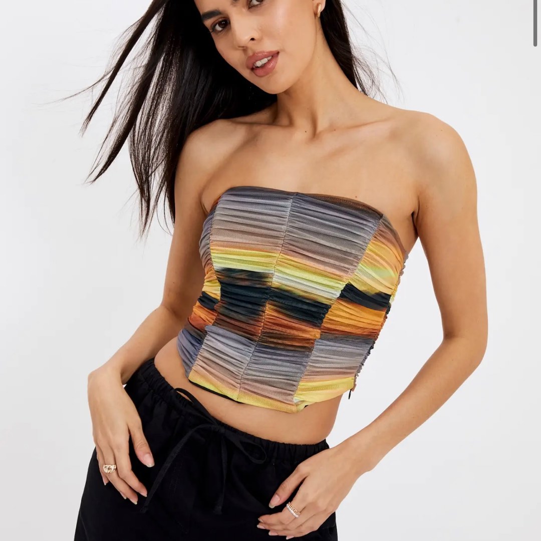 Glassons Mesh Runched Strapless Bustier Corset, Women's Fashion, Tops