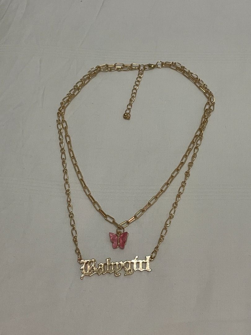 Gold Babygirl Necklace With Pink Butterfly Women s Fashion