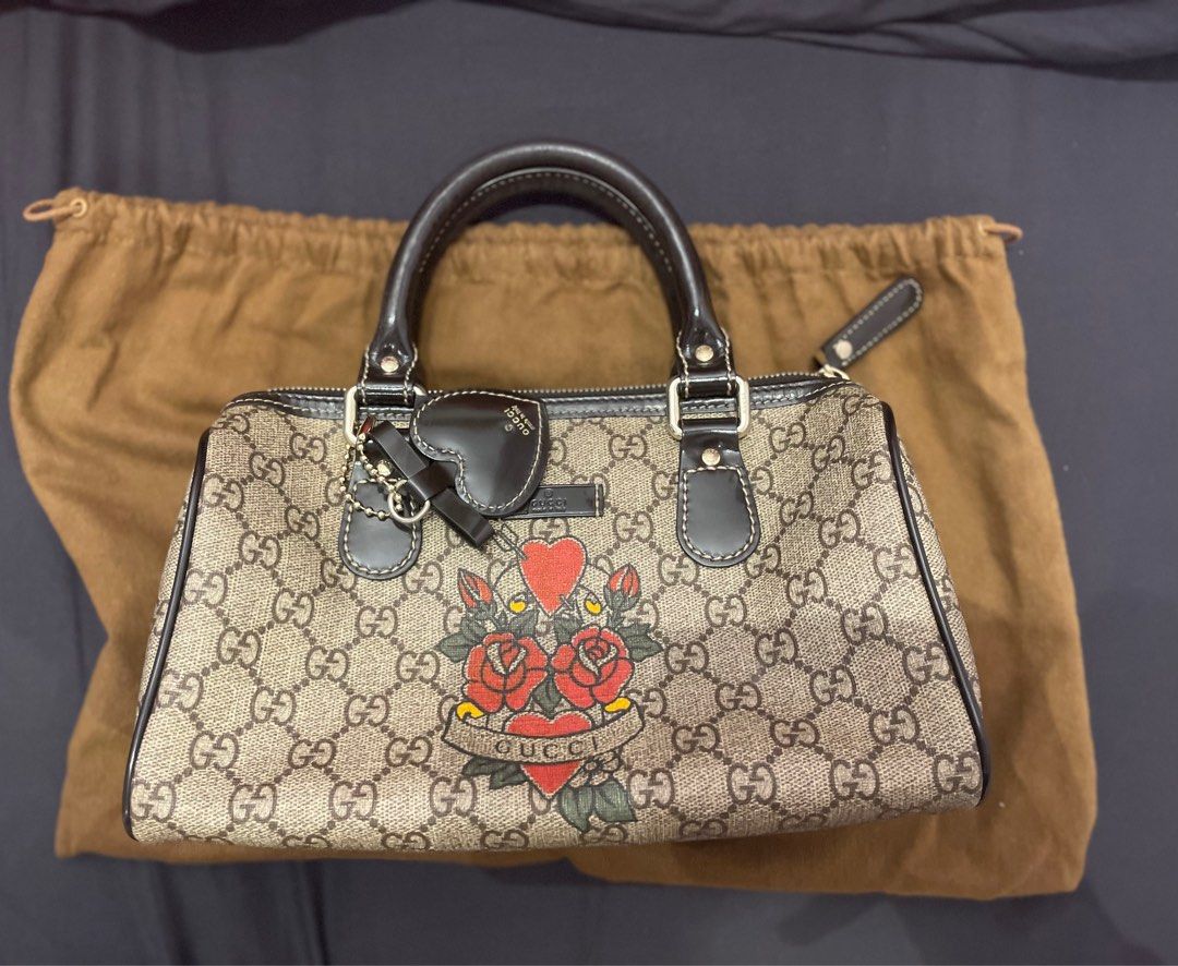 Gucci Brown Canvas Heart Tattoo Boston Bag Small