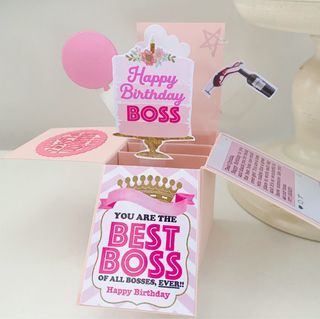 Happy birthday boss in pink interactive pop up card