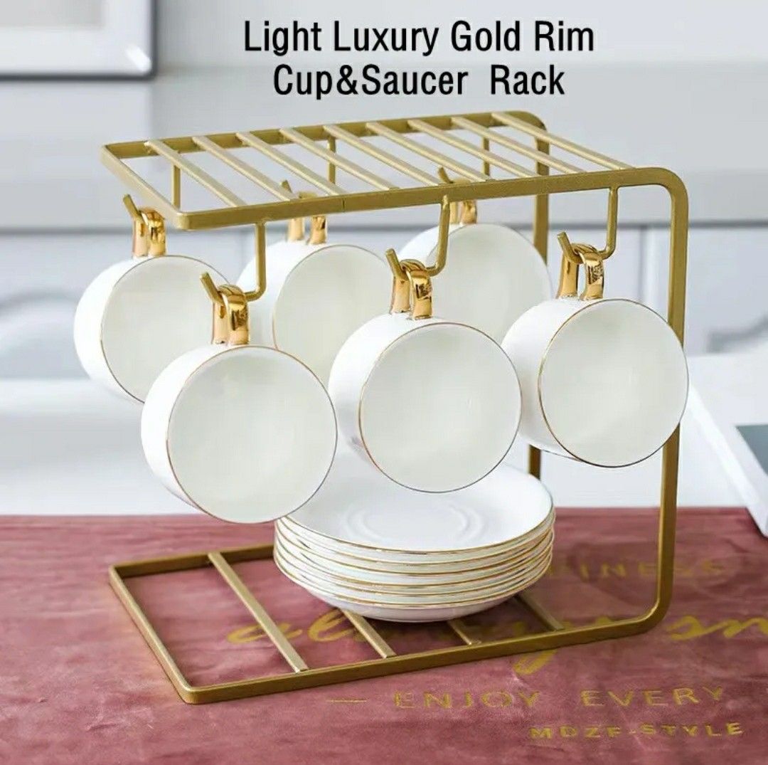 Light Luxury Gold Rim Cup & Saucer Display Rack with Hooks & Holder ...