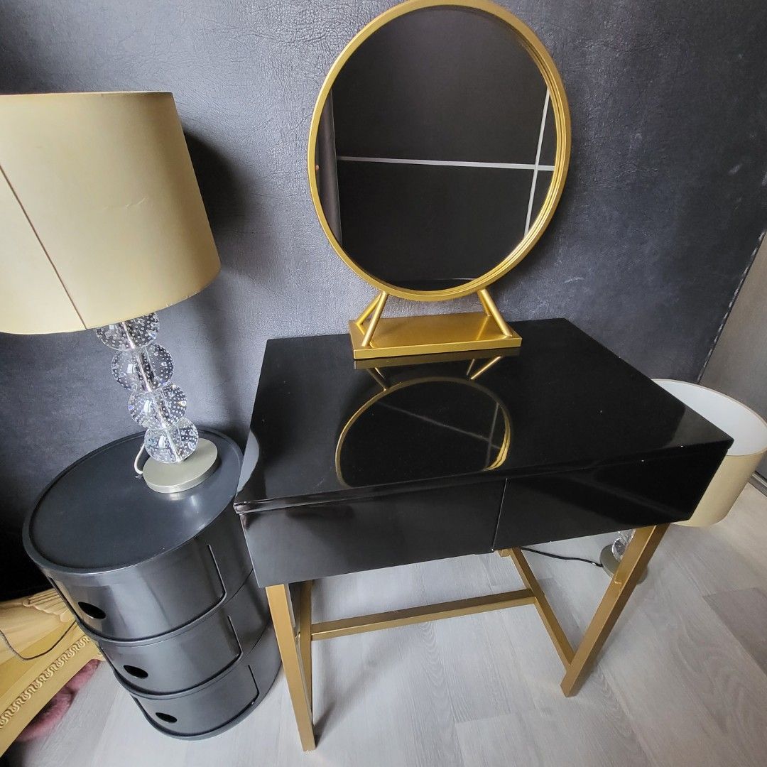 Luxury black gold Dressing Table With Mirror and chair set, Furniture & Home Living, Furniture 