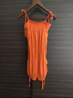 M)phosis Sunkist Mango Orange Smocked Tube Top Tie Strings Romper Shorts Dress S Summer Beach Wear