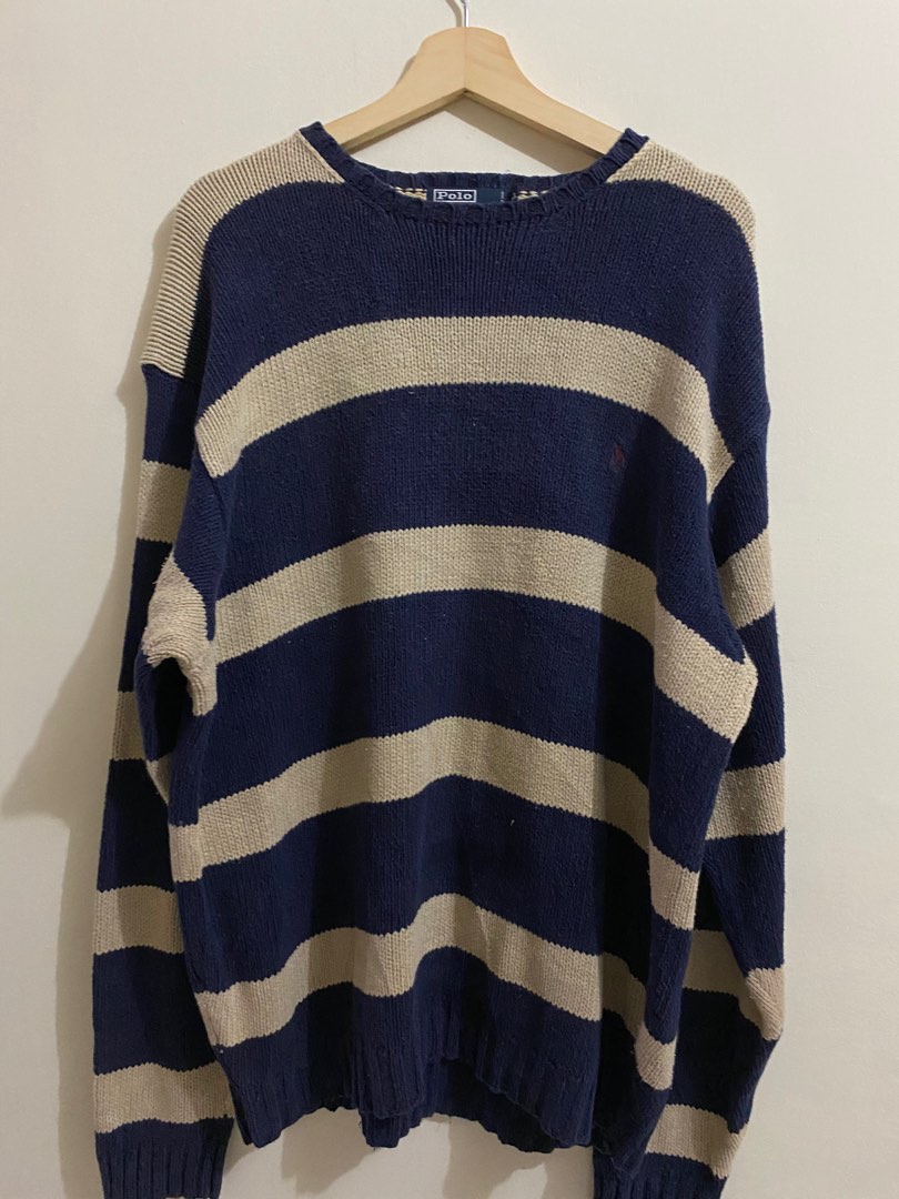 Oversized navy and cream striped sweater by Polo Ralph Lauren, Fesyen ...