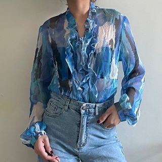 Printed Blue tie dye watercolor Mesh long blouse (see through)