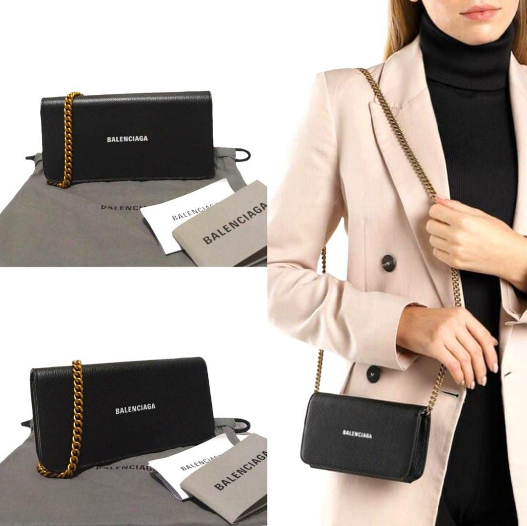 Ready NEW BALENCIAGA Everyday wallet on chain woc black logo ghw 19.5x10x3 cm