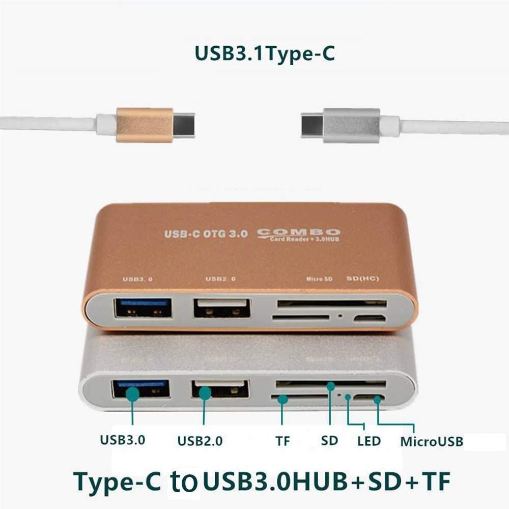 USB Type C OTG Combo (USB3.0 HUB+Card Reader), USB C Hub Adapter 5-in-1 ...
