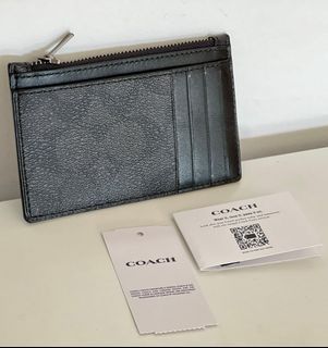 COACH BLACK SIGNATURE COATED CANVAS & REFINED CALF LEATHER CARD CASE WALLET $98