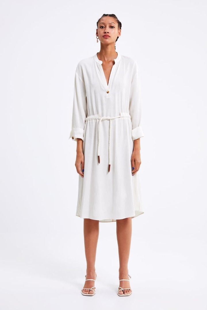 knee length dresses for ladies Early 00s Zara Woman Linen Button Down Maxi Beige Dress