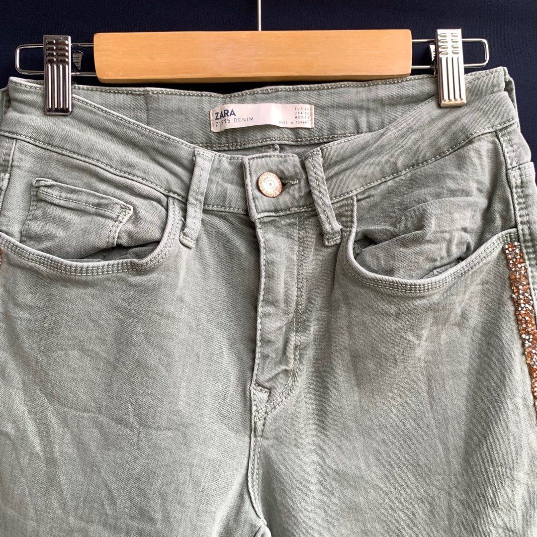 Zara sage green jeans pants, Fesyen Wanita, Pakaian Wanita, Bawahan di