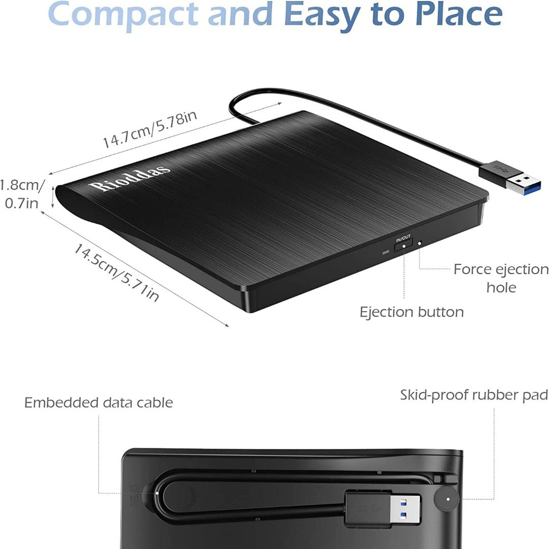 1508) Rioddas external CD Drive, USB 3.0 Portable CD/DVD +/RW Drive