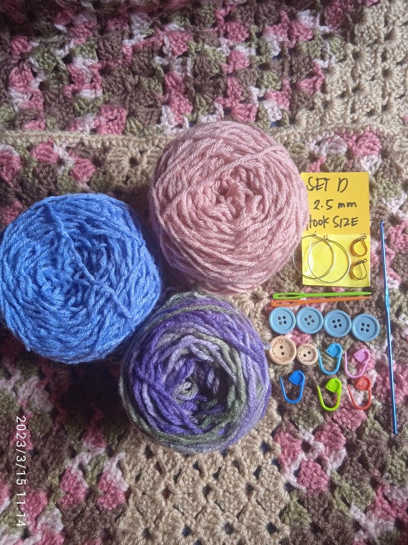 230 per set begginers set (Category: Craft Supplies & Tools) located in Manila. Submitted by gracecrochetingthing (Listing ID 1223373496, Image 1). Description: Beginners set is now available at grace crocheting thing. SET IN: *2-3 KINDS OF YARN BALL *1 SIZE OF CROCHET HOOK *2 PCS. TAPESTRY NEEDLE *5 PCS. SAFETY YARN PIN *4 PCS. BUTTON *2 PCS. HANDMADE LABEL *2 PAIRS DIY EARINGS. ONLY P230.00 PM ME FOR MORE AVAILABILTY OF EACH GANTSILYO BEGINNERS