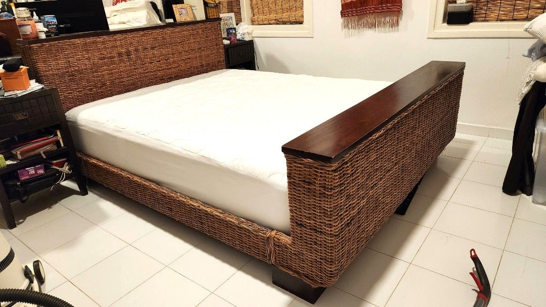 Beautiful rattan queen size bed frame solid wood, Furniture & Home