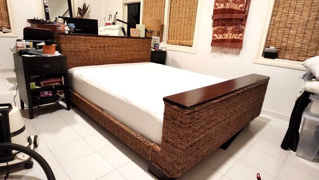 Beautiful rattan queen size bed frame solid wood, Furniture & Home