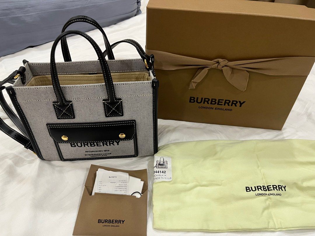 Burberry Small Pocket White And Brown Canvas And Leather Tote Bag New