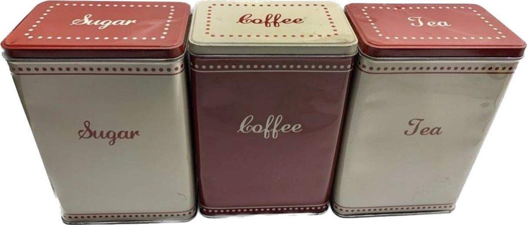 CANISTER SET I COFFEE- TEA - SUGAR TIN CAN | (Category: Food Organization & Storage) located in Pateros City. Submitted by mcacompany (Listing ID 1223253375, Image 3). Description: CANISTER SET I COFFEE- TEA - SUGAR TIN CAN Zoom into pictures… For flaws As it is.