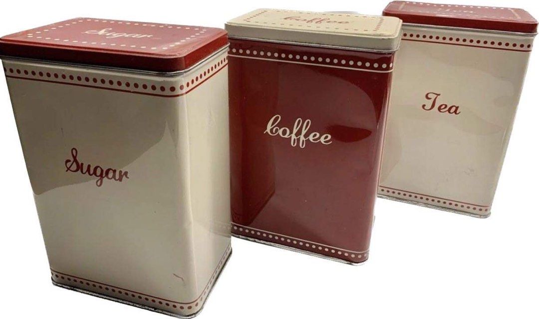 CANISTER SET I COFFEE- TEA - SUGAR TIN CAN | (Category: Food Organization & Storage) located in Pateros City. Submitted by mcacompany (Listing ID 1223253375, Image 2). Description: CANISTER SET I COFFEE- TEA - SUGAR TIN CAN Zoom into pictures… For flaws As it is.