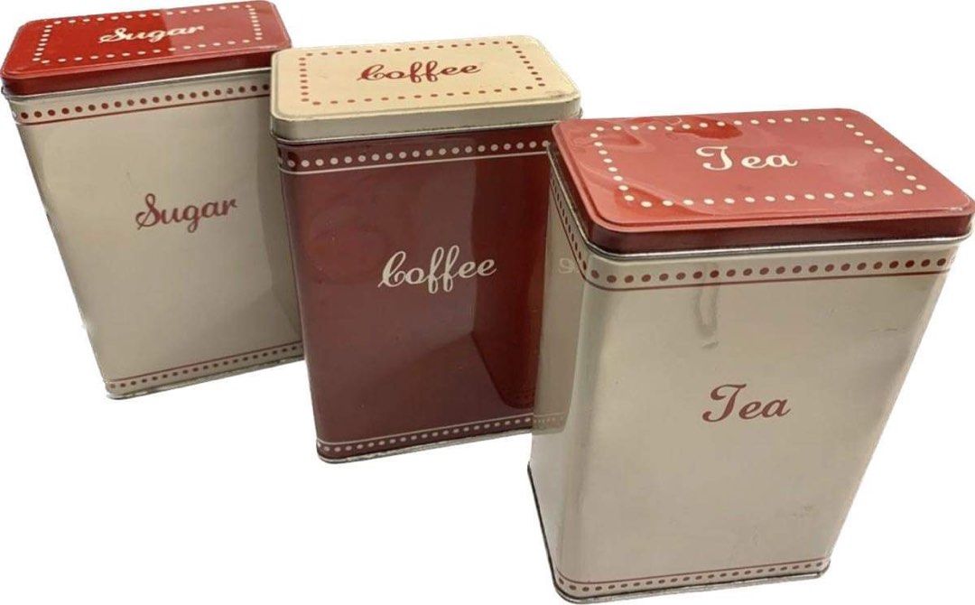 CANISTER SET I COFFEE- TEA - SUGAR TIN CAN | (Category: Food Organization & Storage) located in Pateros City. Submitted by mcacompany (Listing ID 1223253375, Image 1). Description: CANISTER SET I COFFEE- TEA - SUGAR TIN CAN Zoom into pictures… For flaws As it is.