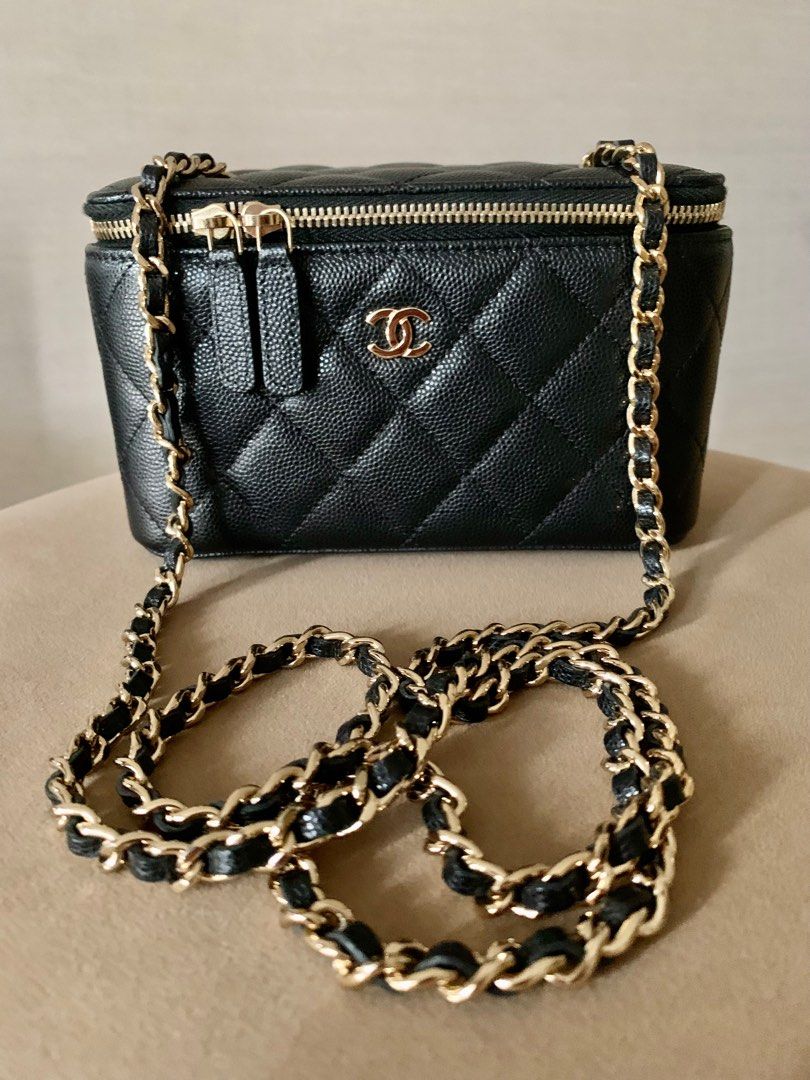 Chanel Classic Black Caviar Small Vanity Case with classic chain Bag LGHW  not mini flap square rectangle