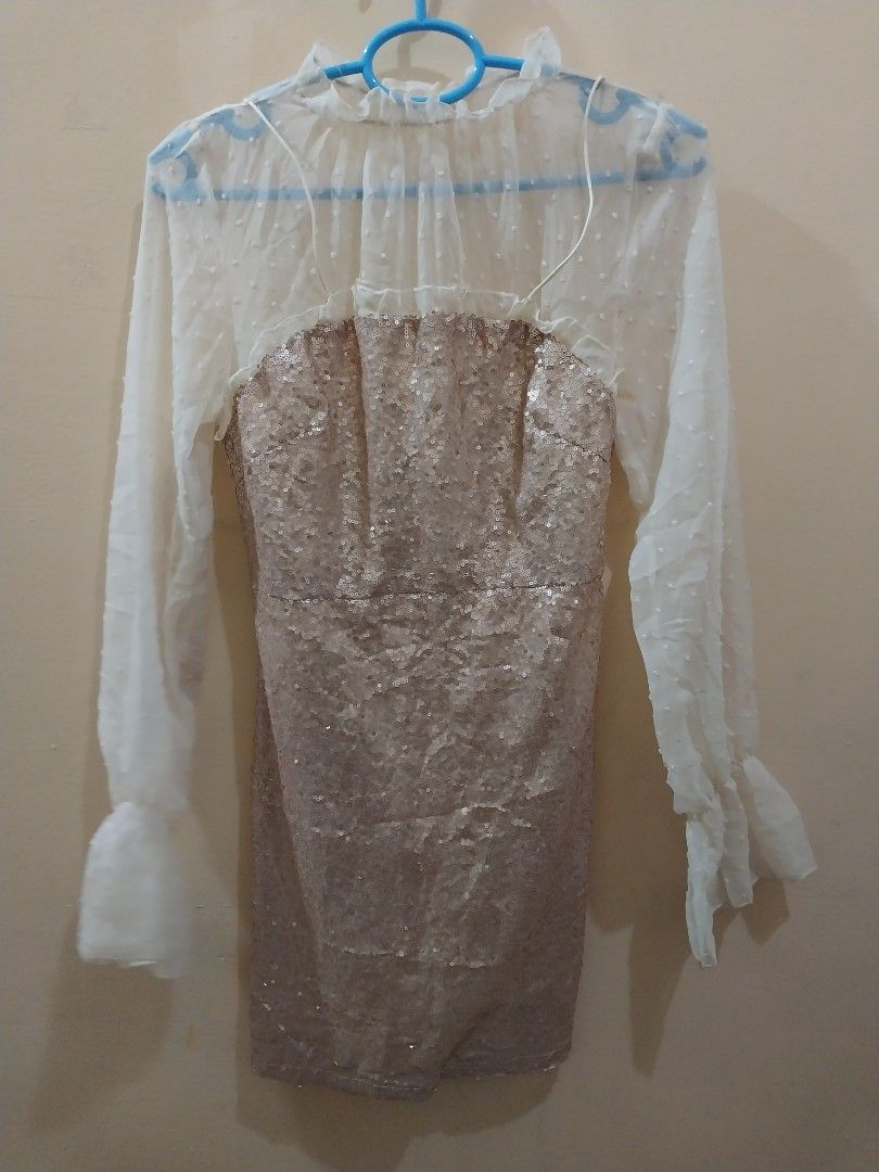 Cream champagne color sequin dress, Women's Fashion, Dresses & Sets, Dresses  on Carousell