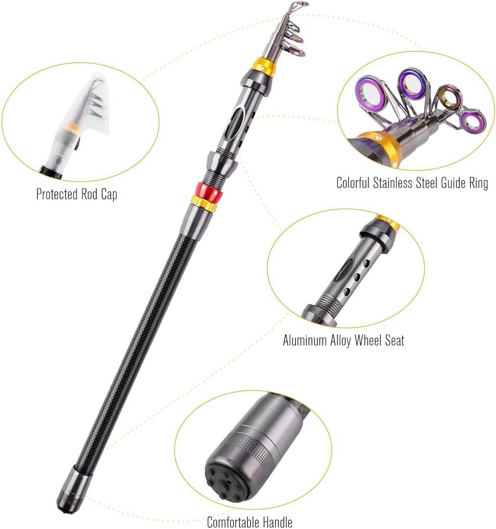 FishOaky Fishing Rod kit, Carbon Fiber Telescopic Fishing Pole and Reel  Combo with Line Lures Tackle Hooks Reel Carrier Bag for Adults Travel  Saltwater Freshwater, Sports Equipment, Fishing on Carousell
