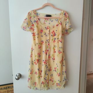 NWT ASOS Yellow Floral Print Pintuck Button Front Short Sleeve Mini Dress Sz 12