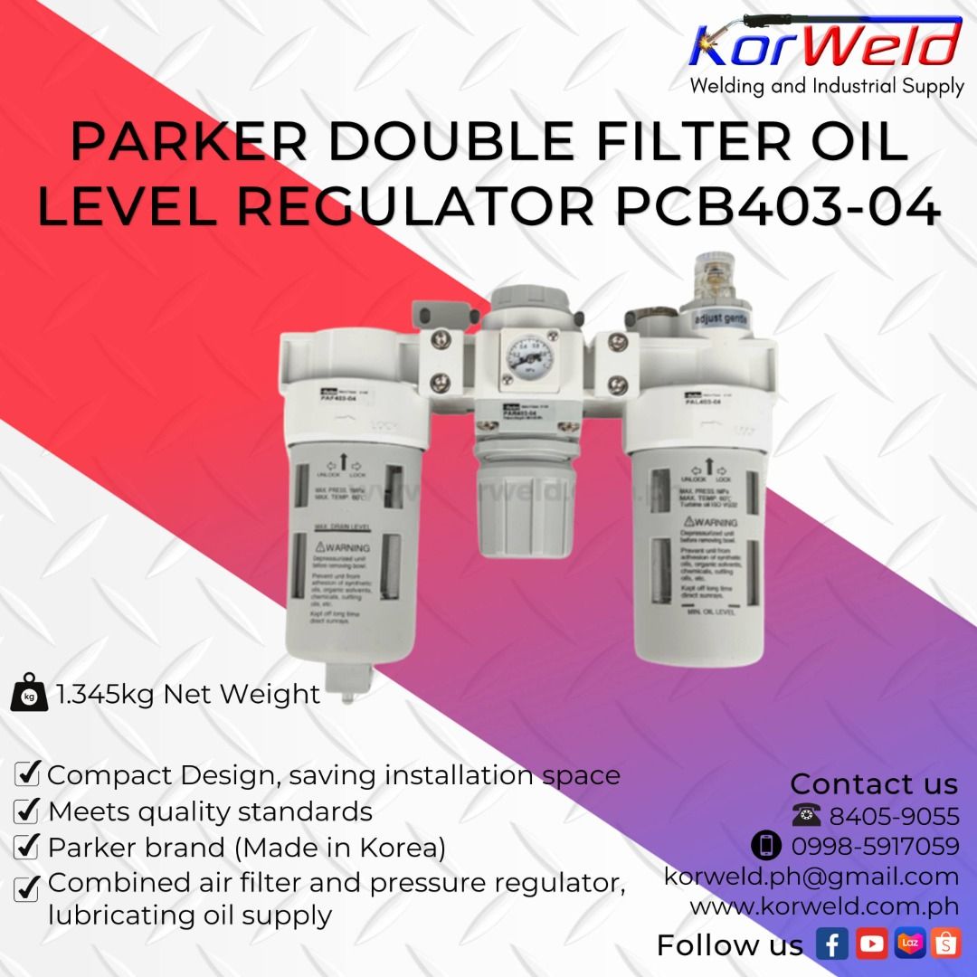 Parker Double Filter Oil Level Regulator PCB403-04 (Category: Construction Tools & Equipment) located in Manila. Submitted by korweldinc (Listing ID 1223296386, Image 1). Description: Parker Double Filter Oil Level Regulator PCB403-04 Specification : Ideal working pressure: 0.05~10 kg/cm² Maximum working pressure: 15 kg/cm² Limit pressure (destroyed): 15.3 kg/cm² Filterable particle size: 5μm (order can filter 40 μm) Ren: ½ Operating temperature: