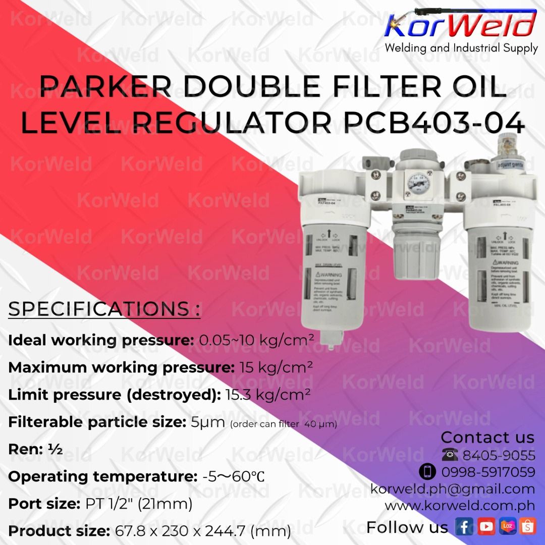 Parker Double Filter Oil Level Regulator PCB403-04 (Category: Construction Tools & Equipment) located in Manila. Submitted by korweldinc (Listing ID 1223296386, Image 3). Description: Parker Double Filter Oil Level Regulator PCB403-04 Specification : Ideal working pressure: 0.05~10 kg/cm² Maximum working pressure: 15 kg/cm² Limit pressure (destroyed): 15.3 kg/cm² Filterable particle size: 5μm (order can filter 40 μm) Ren: ½ Operating temperature: