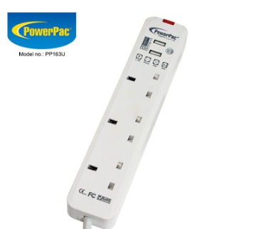 PowerPac Extension Socket, Extension Cord 3 Way 2M with 2x USB charger ...