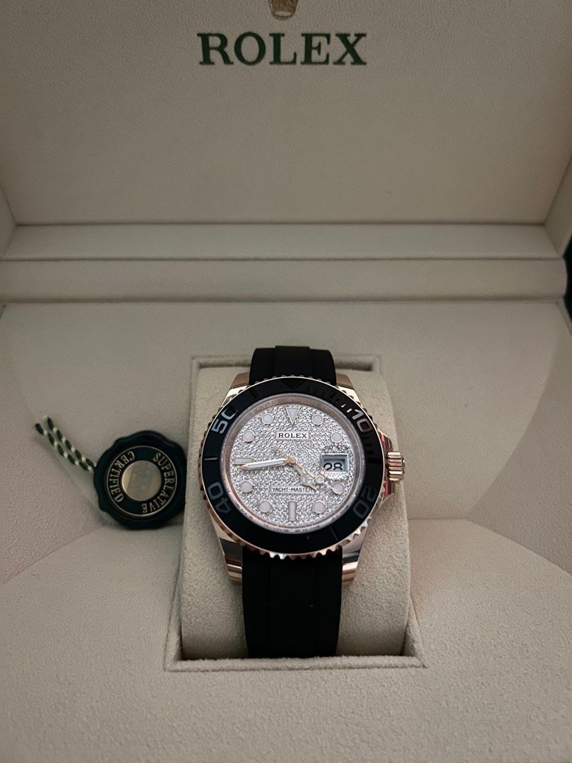 Rolex Yatch Master Rose Gold, Factory Diamond Dial REF : 126655 (Category: Watches) located in Singapore. Submitted by yuenbenny (Listing ID 1223360424, Image 1). Description: Rolex Yatch Master Rose Gold, Factory Diamond Dial REF : 126655 40mm Dated 16th March 2023 Never Worn Comes with Box. Green label. Manual Kept in box since purchase. No lowball thanks, not an URGENT sale.