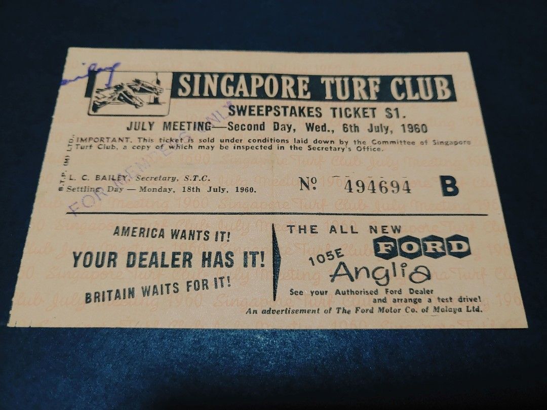 Singapore Turf Club Ticket 1960, Hobbies & Toys, Collectibles
