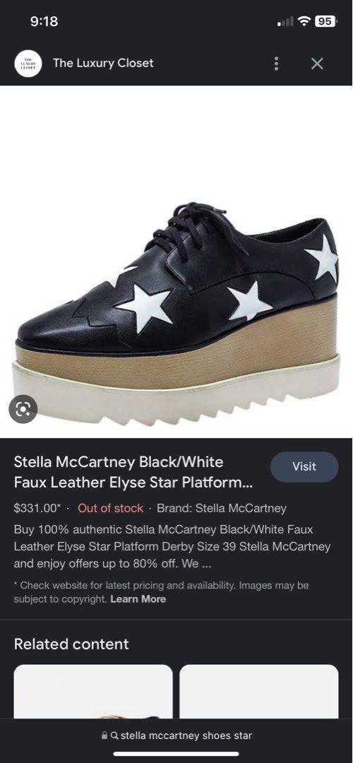 Stella McCartney Black/White Faux Leather Elyse Star Platform Derby Size 39  Stella McCartney