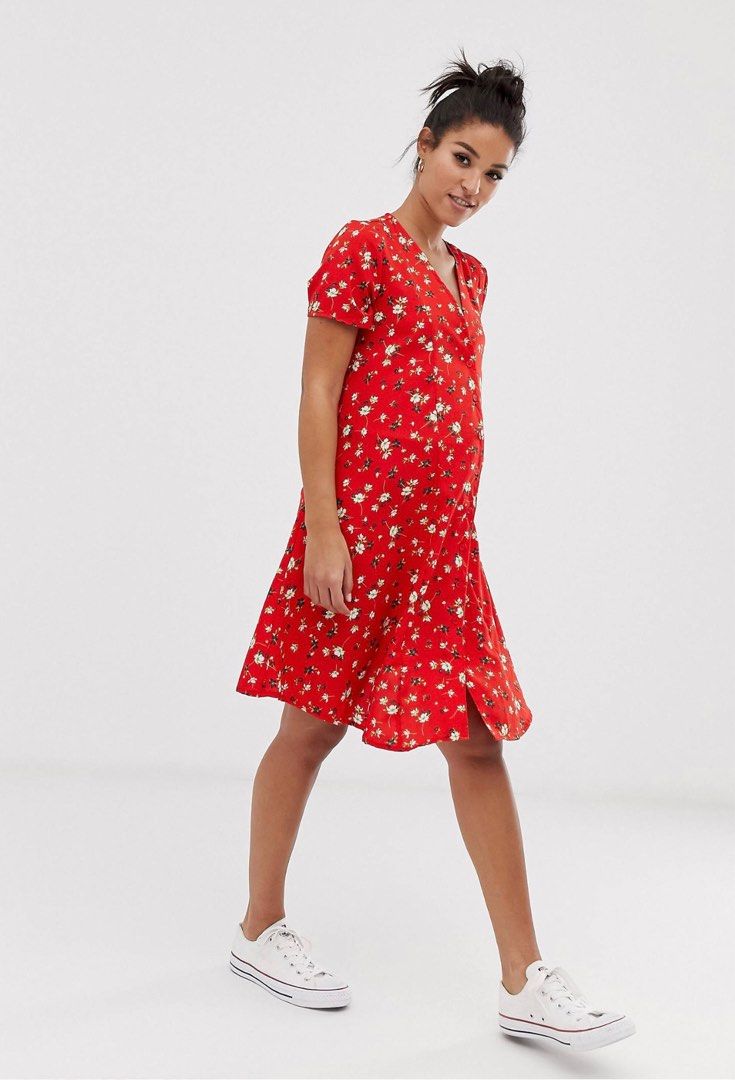 UK14 New Look Maternity Button Front Dress in red ditsy floral