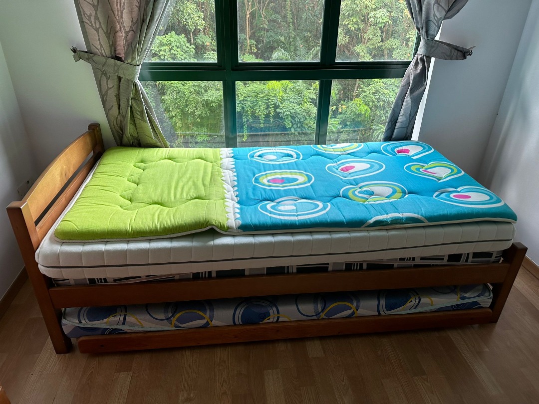 Wooden Pull Out Bedframe Set, Furniture & Home Living, Furniture, Bed ...