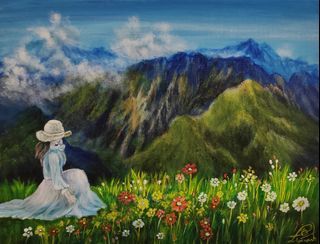 黃力宣原著油畫-悠野芳蹤系列-雲繞山際瀰花海