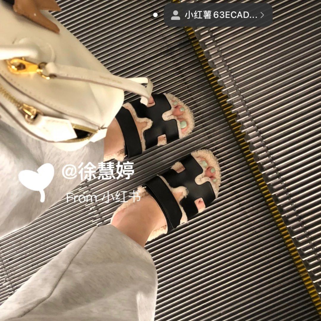 🧡 Hermes Teddy Chypre Sandal 毛毛 拖鞋 黑色 37 👞