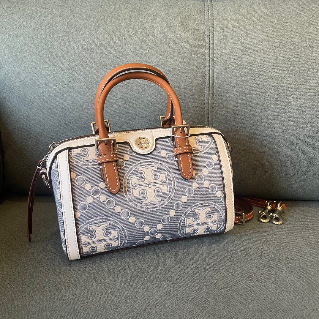 🆕 Tory Burch T Monogram Denim Mini Duffle Bag, Women's Fashion