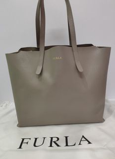 FURLA Sally Open Top Medium Divide-It Open Top Tote Bag Blue Cross Grain  Leather