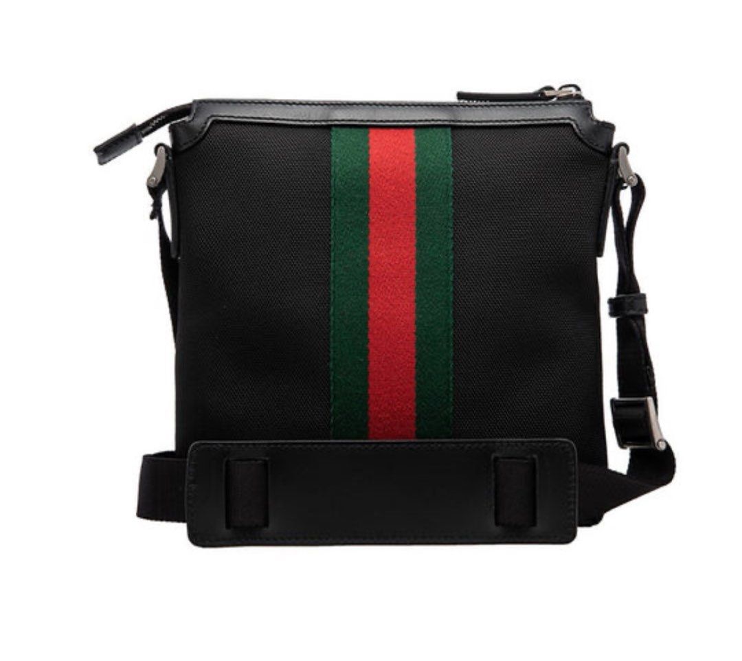 Men's GUCCI Logo Stripe Webbing Leather Logo Canvas Shoulder