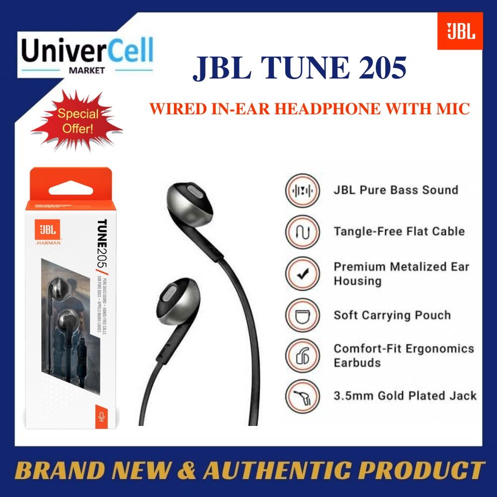BRAND NEW JBL TUNE 205 WIRED IN EAR HEADPHONE WITH MIC SAMEDAY
