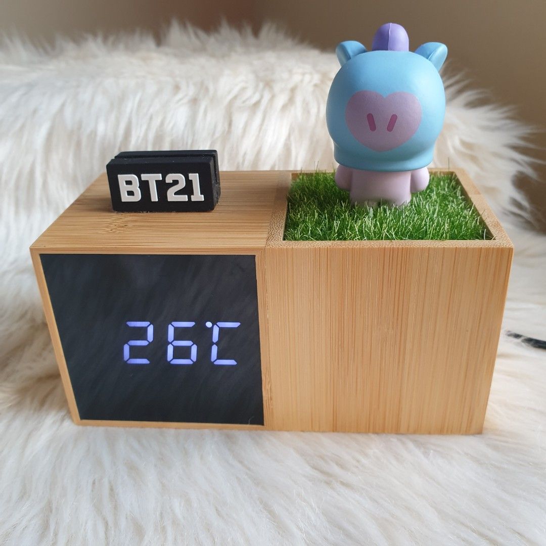 BT21 Cute Baby LED Digital Desk Clock MANG Royche Wooden Bamboo on