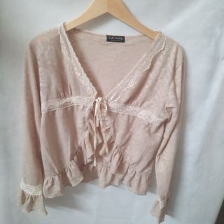 Cardigan premium crop ruffle broocade brukat crop top lengan panjang lucu