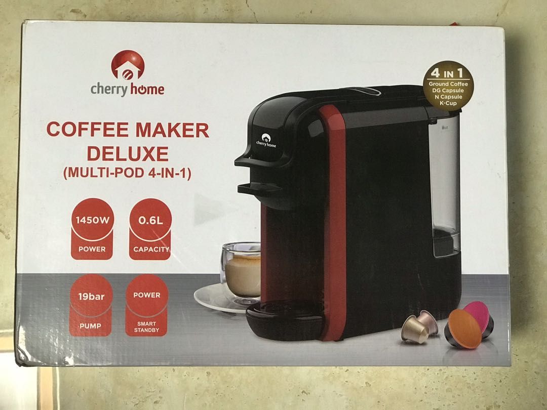 Cherry Coffee Maker Deluxe (Category: Coffee Machines & Makers) located in Pasay City. Submitted by kkalien (Listing ID 1223499238, Image 1). Description: Cherry Coffee Maker Deluxe Main Features: Multi-pod 4-in-1 N Capsule DG Capsule Coffee Powder K-Cup Easy-to-use 0.6L Water Tank Capacity Energy Saving Feature Easy drip tray maintenance 2 Modes Espresso (small cup) Lungo (big cup) Product Specifications: Size: 270 x 110 x 250 mm Weight: 2.5kg P